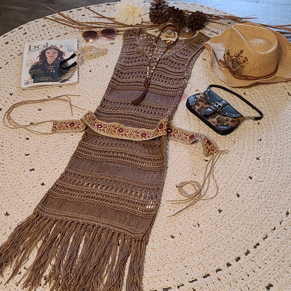 NWT BO HO CROCHET BEIGE UNIQUE LONG DRESS COVERUP - Picture 4 of 16